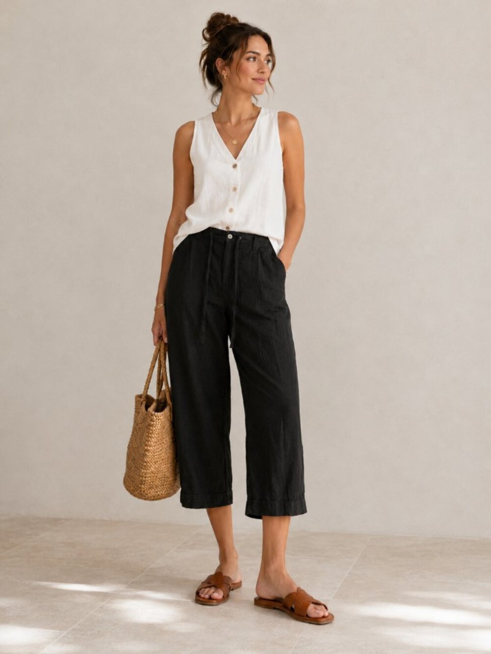Gloria Vanderbilt Linen Capri Pockets Pants Size 14 Solid Black